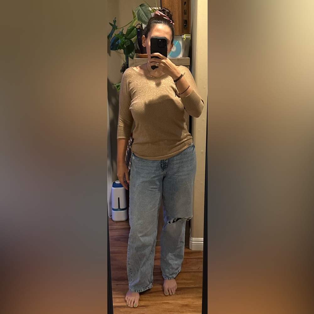 Express quarter length sleeve sweater - beige and glitter